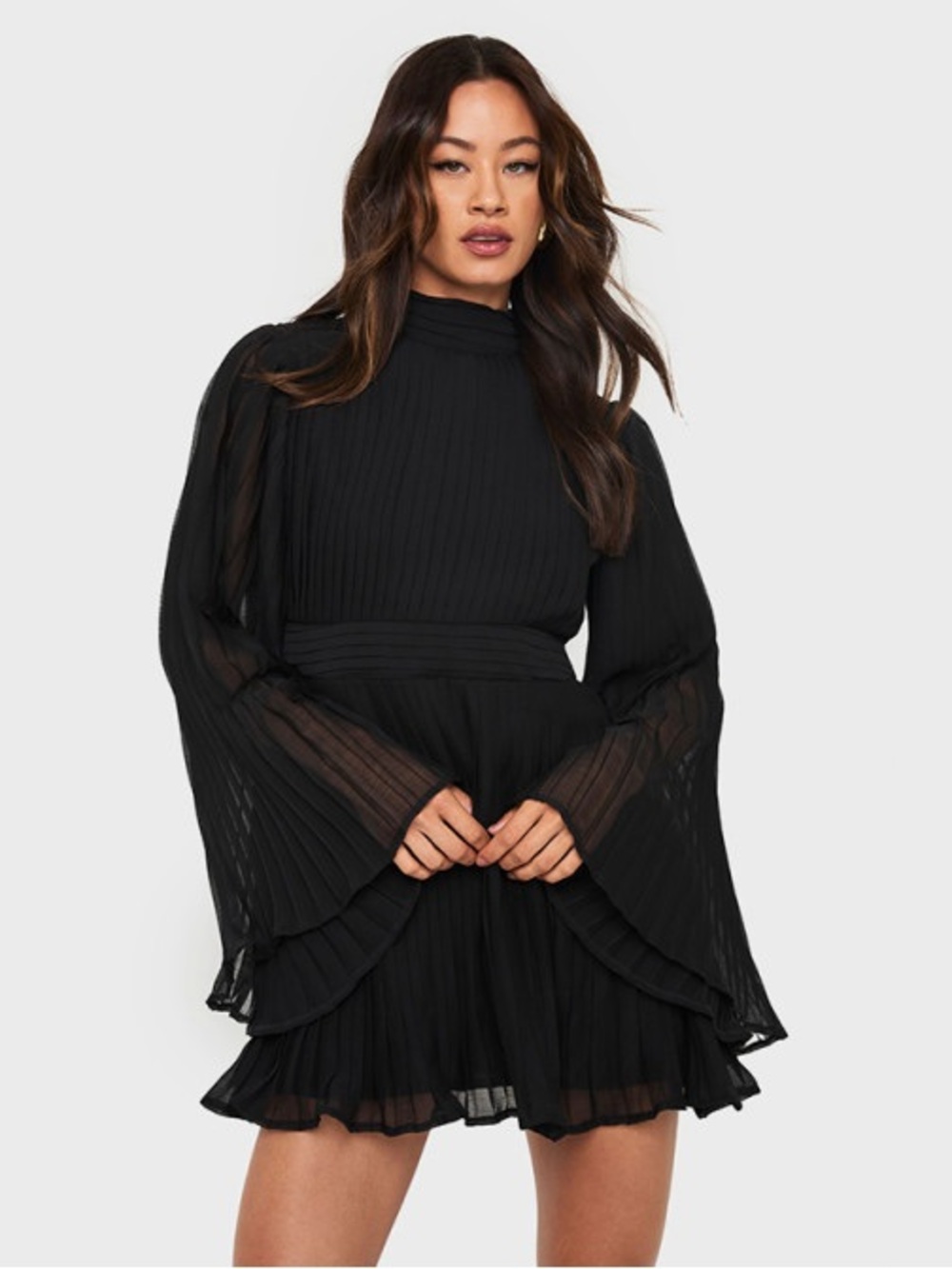 Milly Rosemary Pleated Mock-Neck Chiffon Mini Dress, Size 12